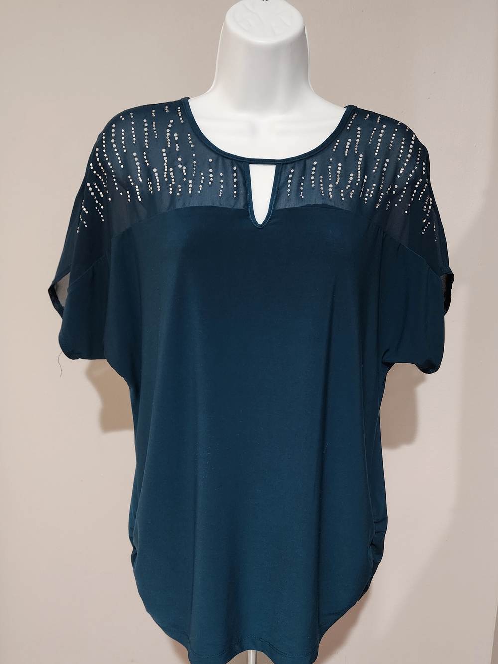 PerSeption Concept Teal Short-Sleeve Keyhole Top with Studded Yoke